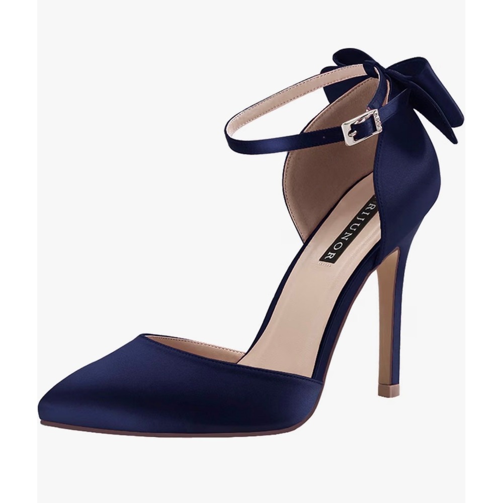 ERIJUNOR Navy Blue Satin D'Orsay Pointed Toe Bow Ankle Strap Stiletto Pumps 10.5